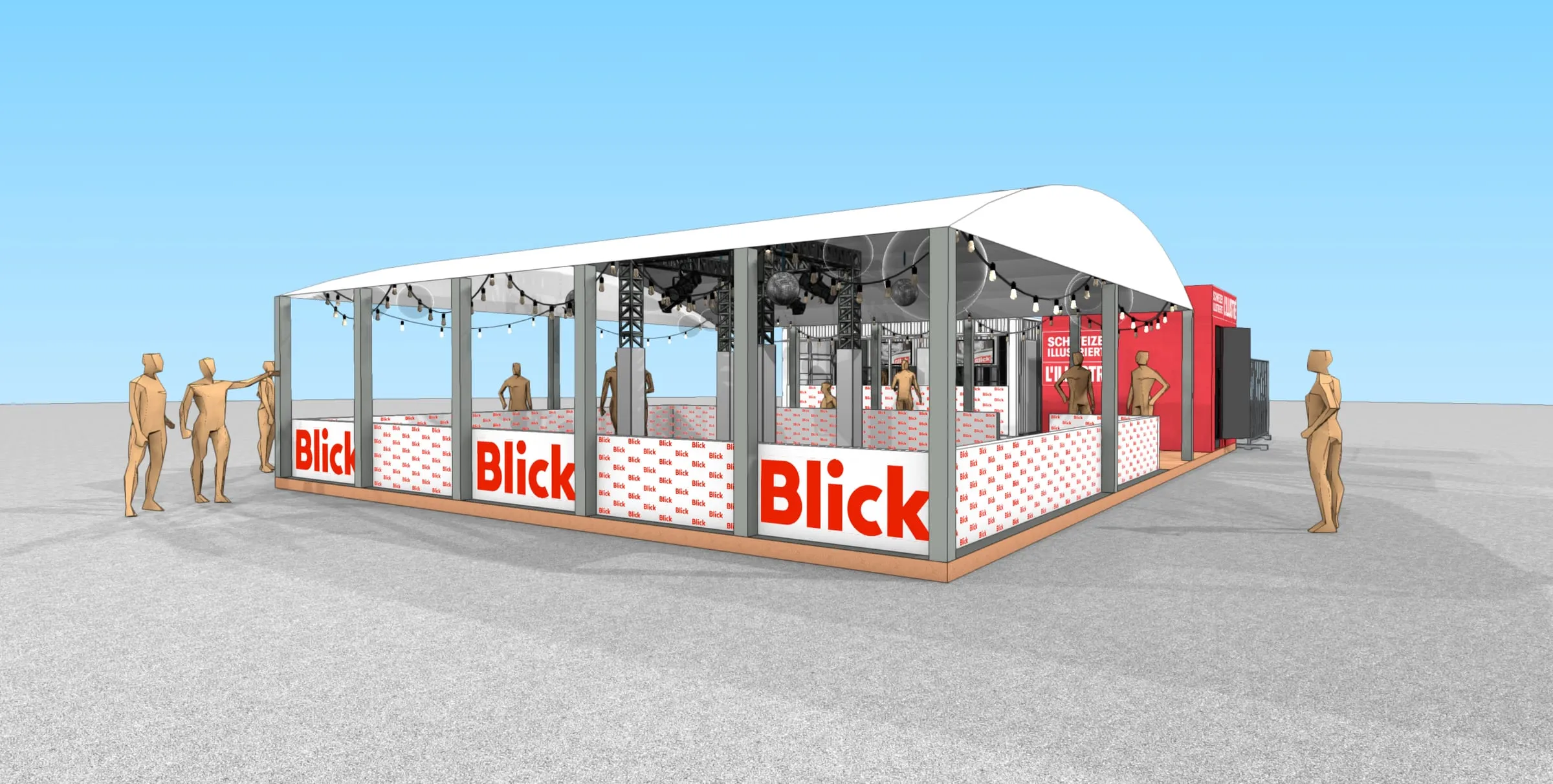 CAD-Visualisierung der Rollschuhdisco von der Seite mit Traversen, Discokugeln und rotem SI-Cube