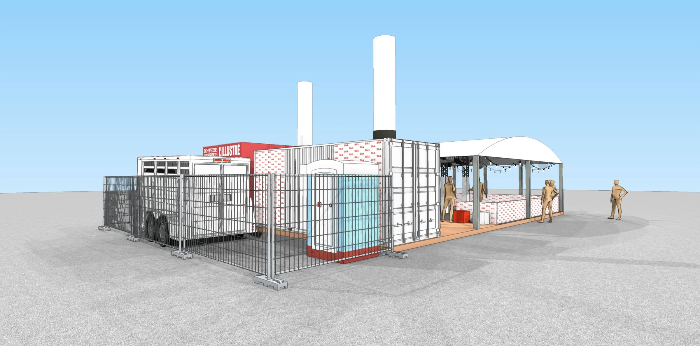 CAD-Visualisierung der Rückseite mit Anhänger, Blick-Container, zwei Leuchtsäulen und Zelt