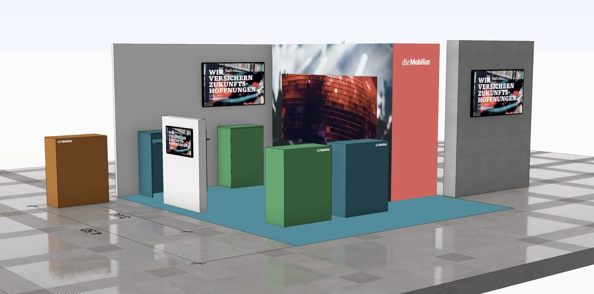 CAD rendering of the stand with grey walls, screens reading «Wir versichern Zukunftshoffnungen», a disco ball motif and coloured cubes