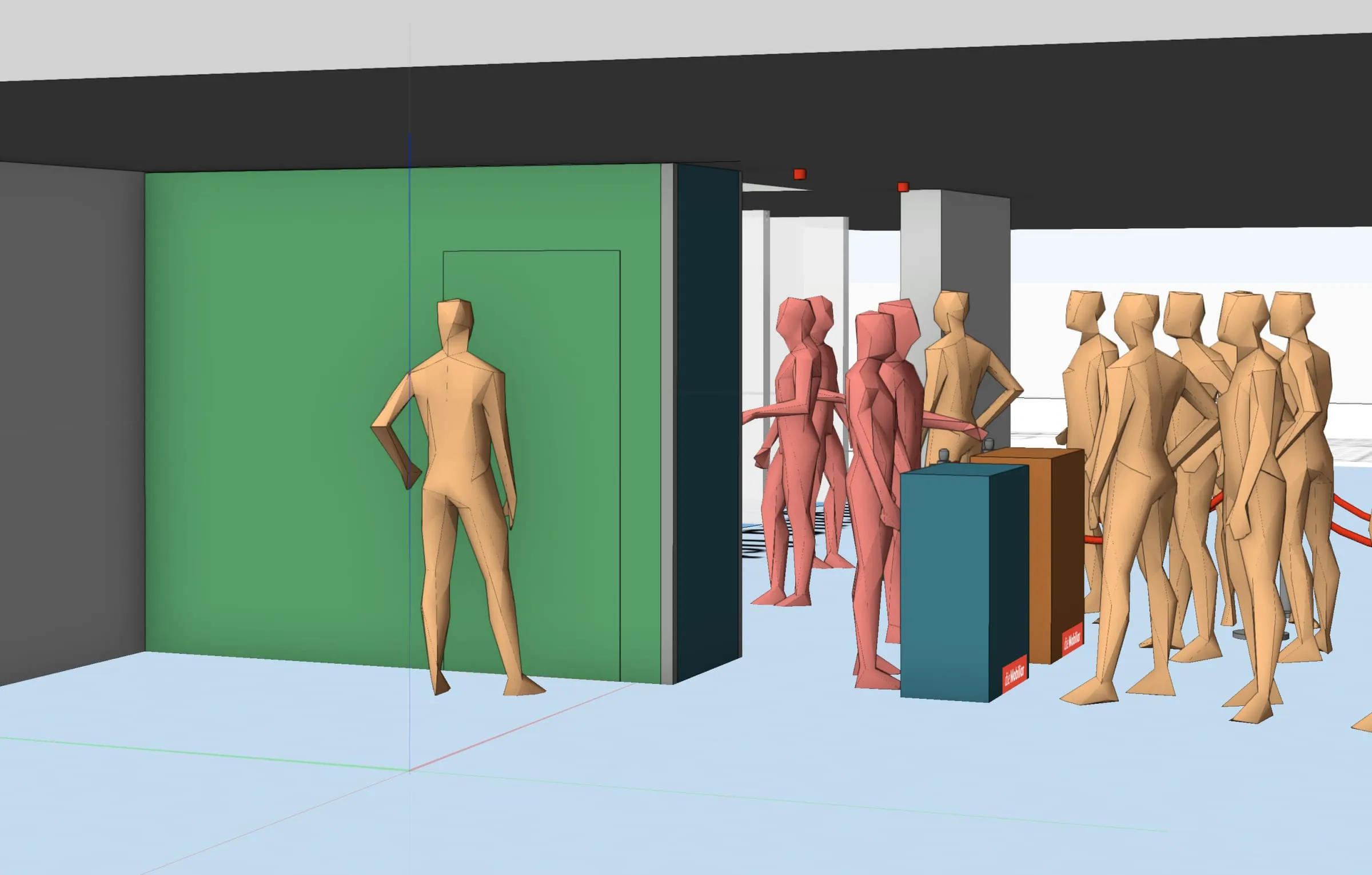 CAD rendering with a green photo wall, one person in front of it and figures waiting at the entrance