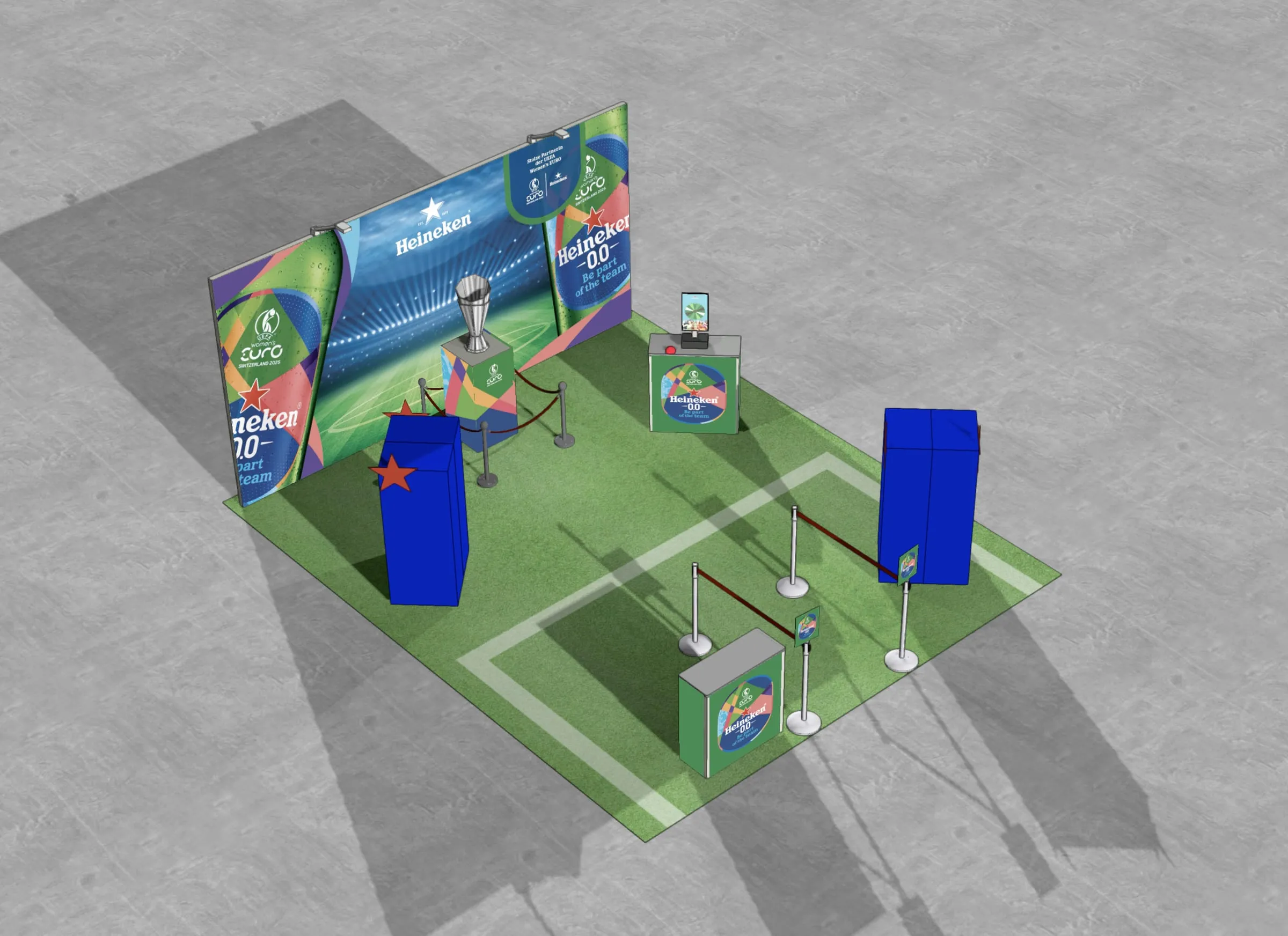 CAD-Rendering der Promotionsfläche mit Kunstrasen, Fotowand, Pokal-Sockel, Absperrungen, Theken und blauen Displays