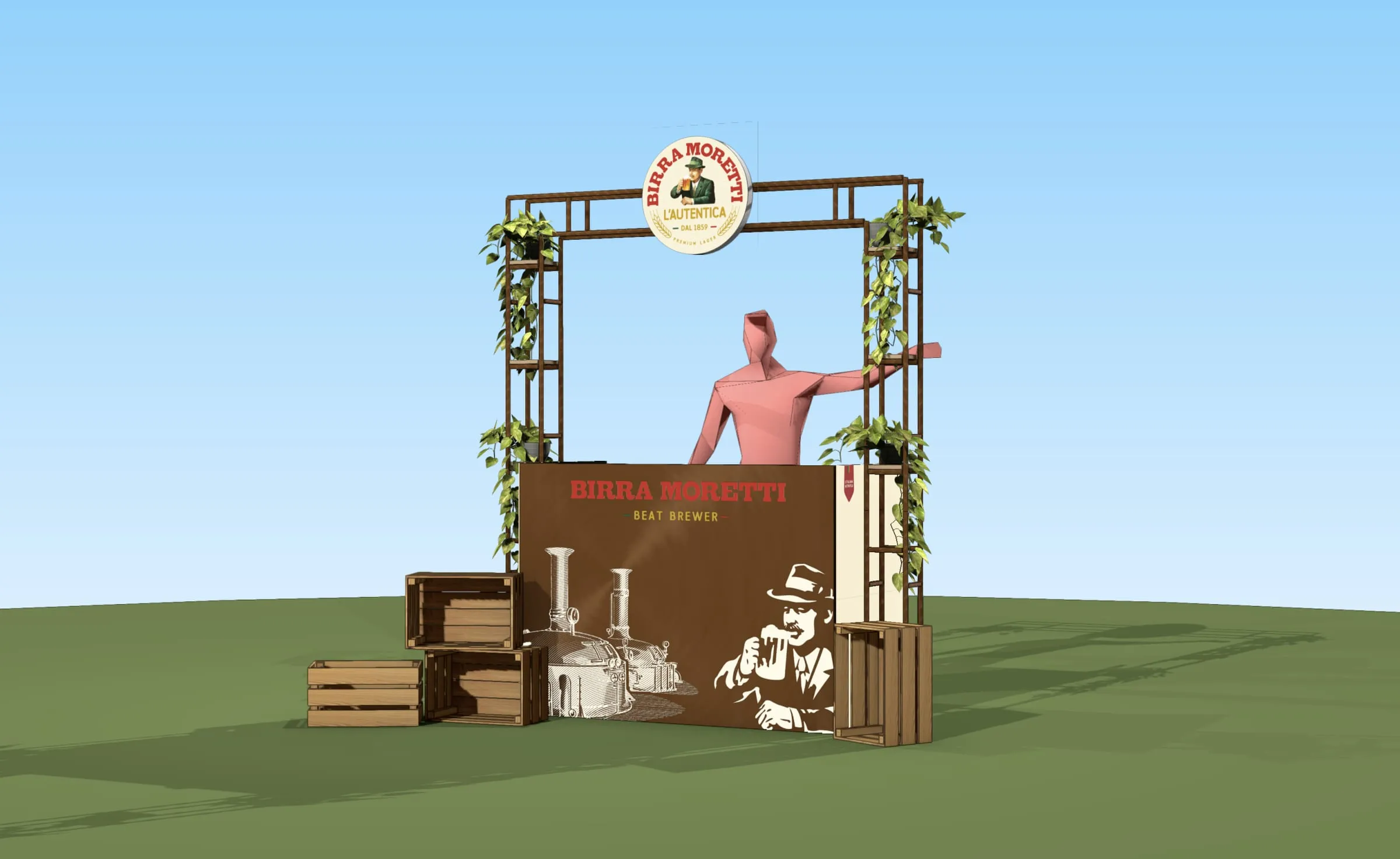 CAD-Visualisierung der DJ-Theke mit Kupferrahmen, Birra-Moretti-Logo, Efeu, Holzkisten und einer DJ-Figur