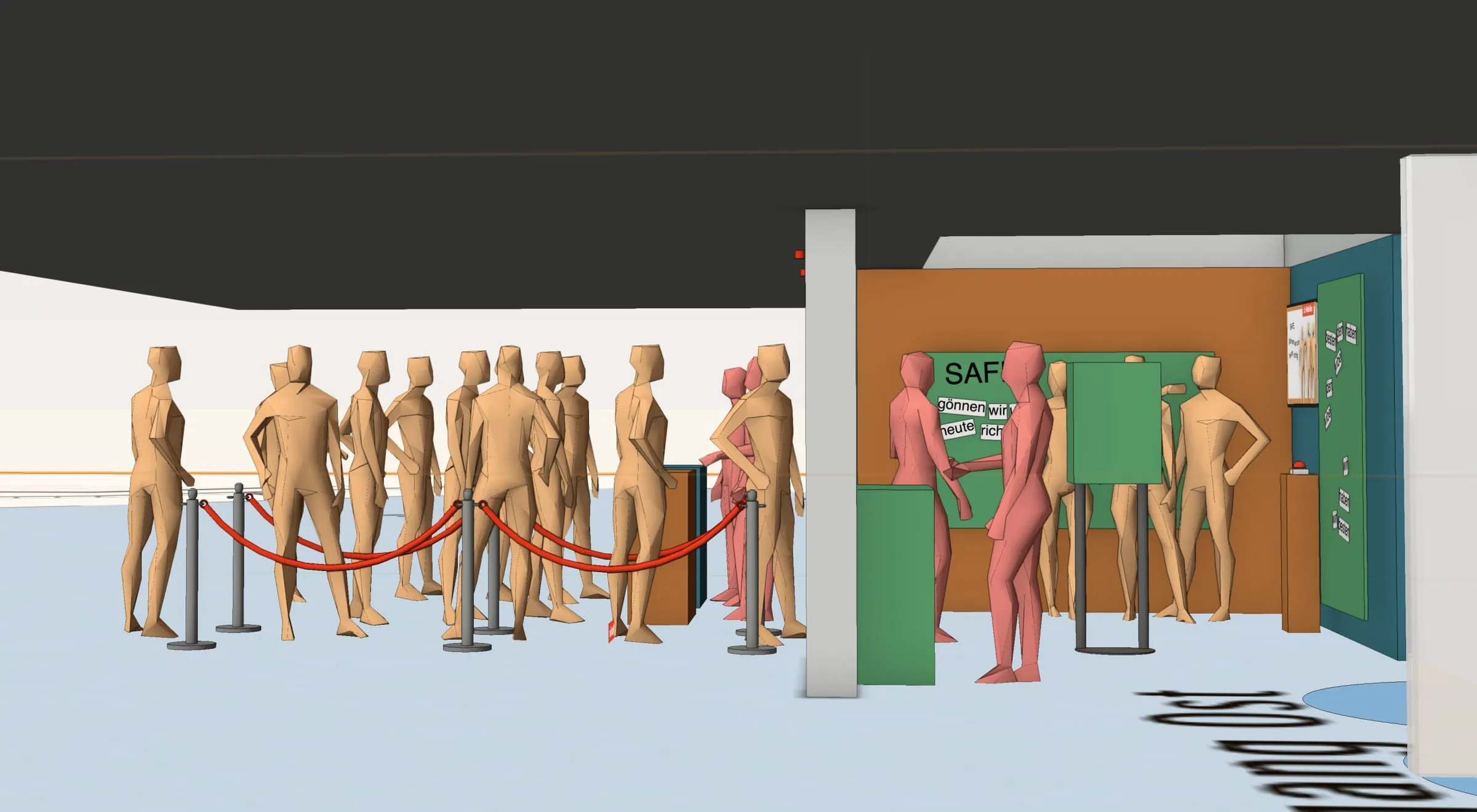 CAD rendering of the queue with rope barriers in front of the word wall «Safe, gönnen wir uns heute richtig»