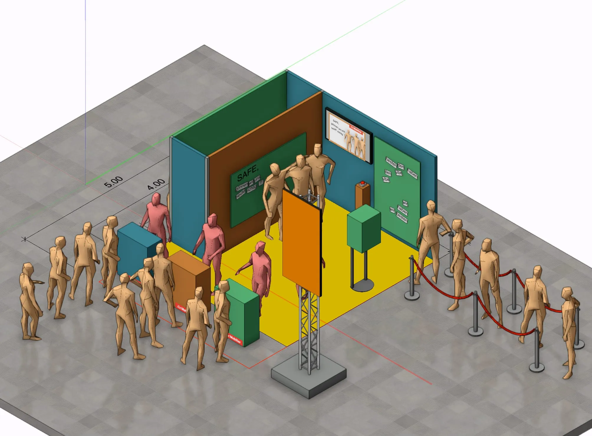 Isometric CAD rendering of the whole stand with truss, screen, buzzer pedestal and visitor figures
