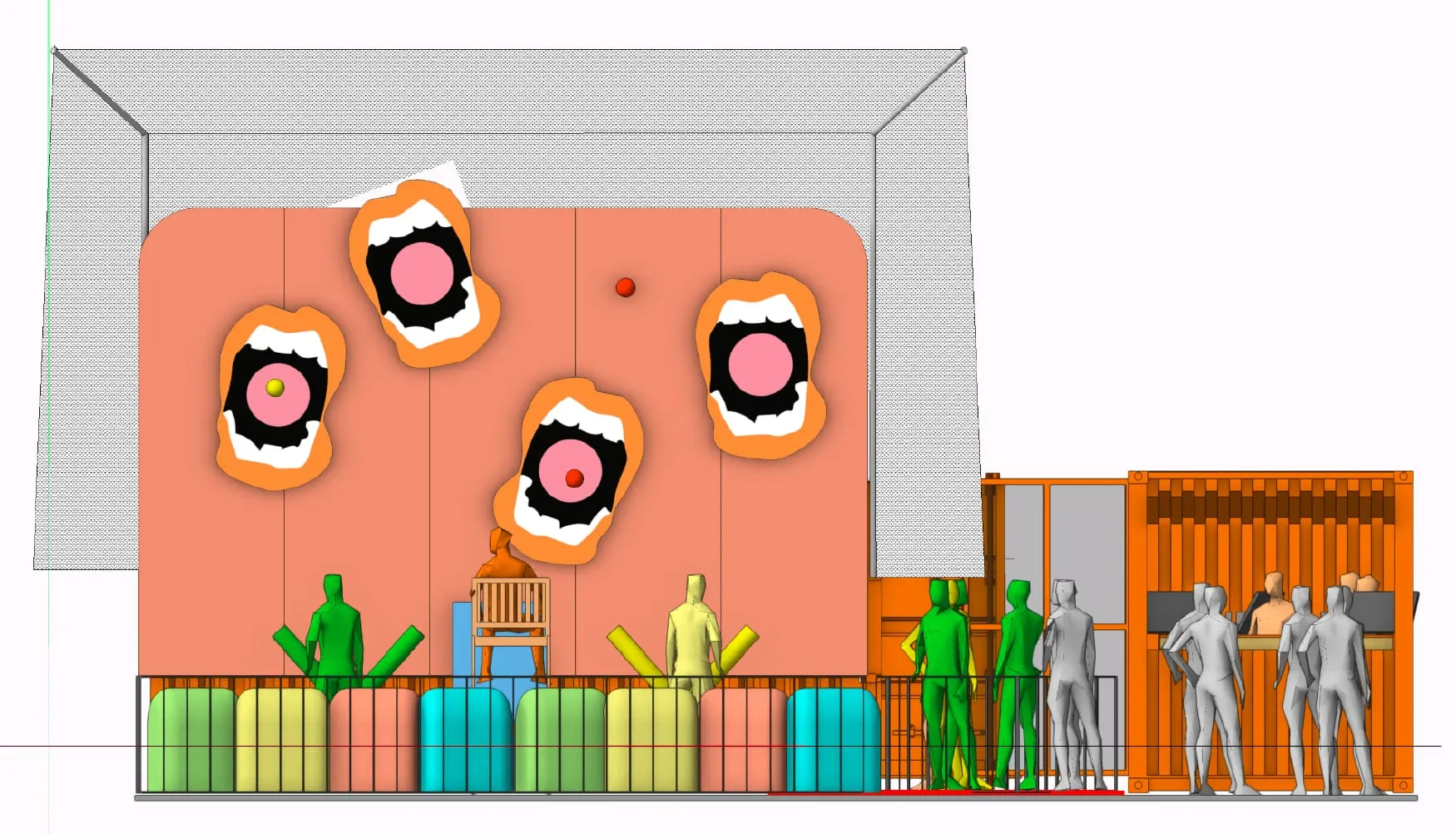 CAD-Visualisierung der Spielwand mit vier Mündern, Sitzelementen, Container und Fangnetz