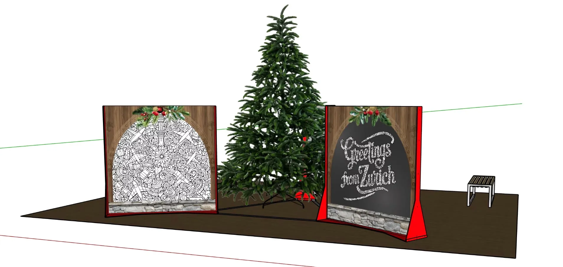 CAD-Rendering mit zwei Wänden, Mandala-Motiv und «Greetings from Zürich», Weihnachtsbaum und Bank auf dunklem Boden