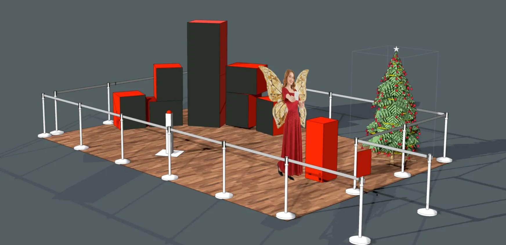 CAD-Rendering der Aktionsfläche mit roten Kuben, Weihnachtsfee, Buzzer-Säule, Weihnachtsbaum und Absperrpfosten